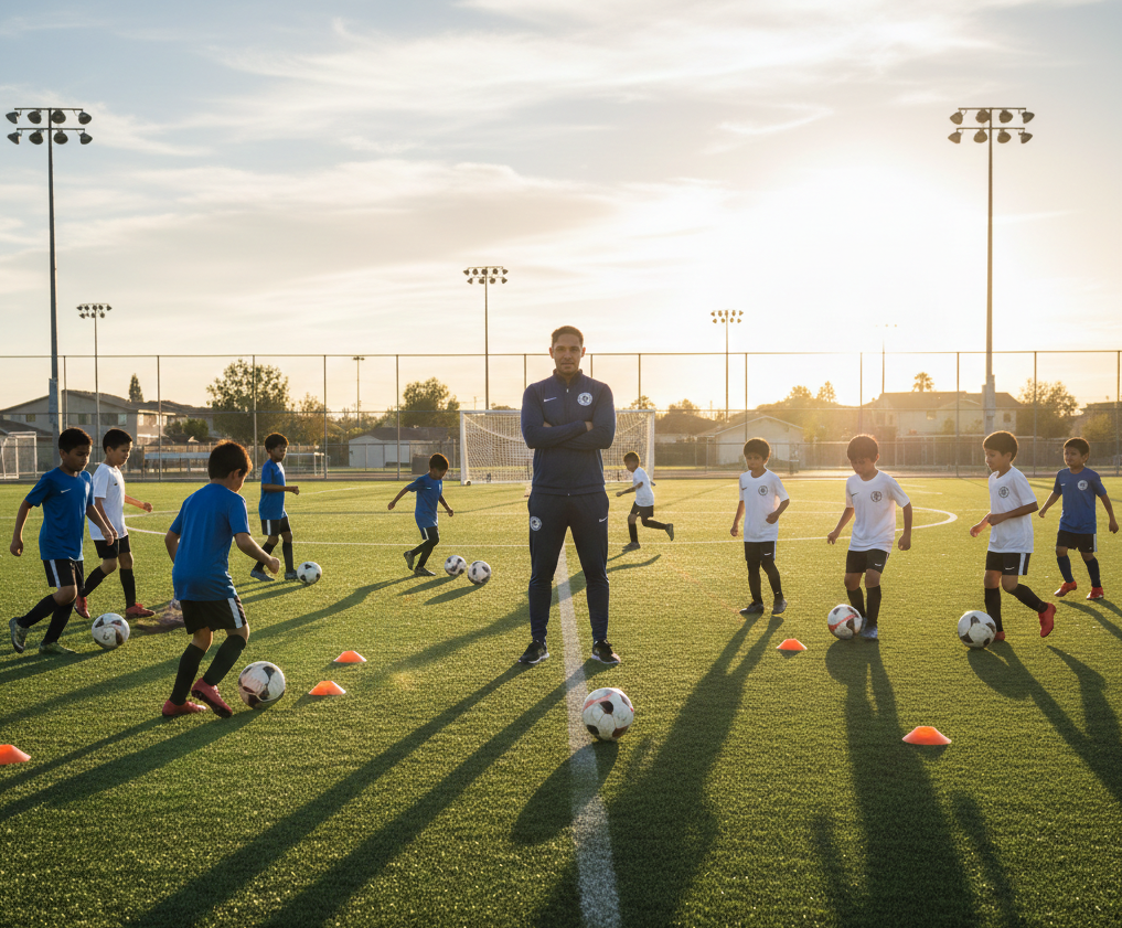 Youth soccer training at sunset with diverse players and a coach observing.