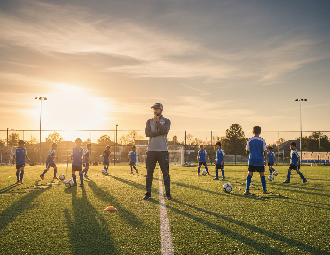 Hero image placeholder: Professional youth soccer training session at sunset with diverse U.S. youth players and a coach observing.