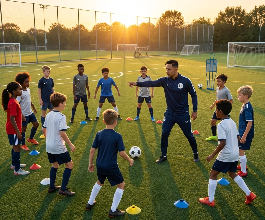Youth team training in a tactical drill with coach guidance.